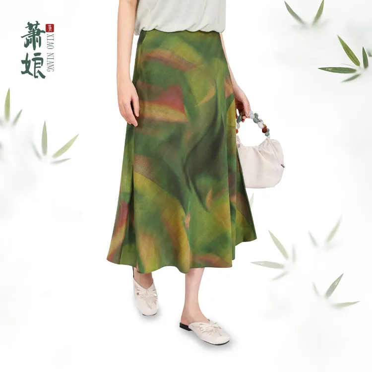 萧娘【烟纱吻风】弹力缎红云纱半身裙休闲百搭新中式清新女半裙5299