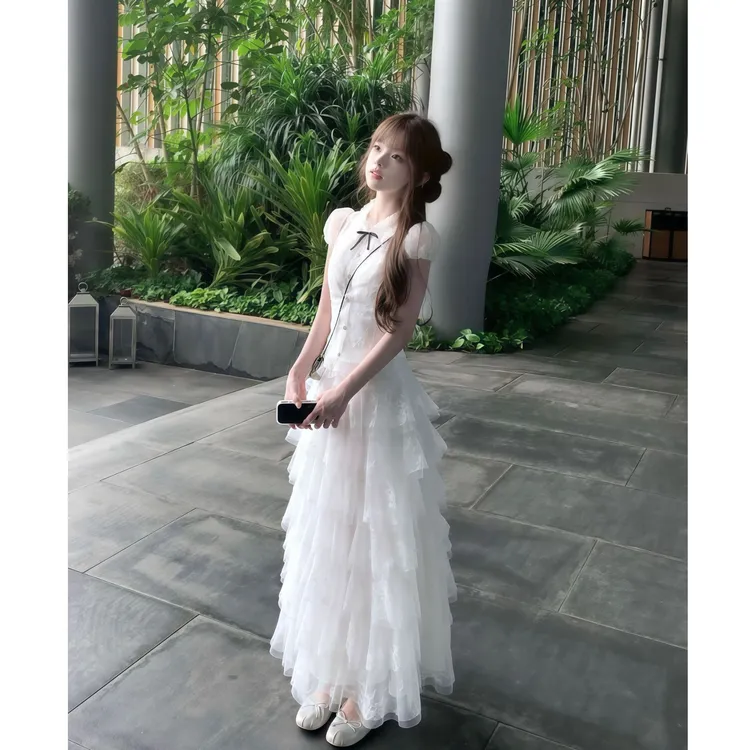【中古情书】韩系甜美少女2025夏季新款性感蕾丝衬衫配蛋糕短裙套装