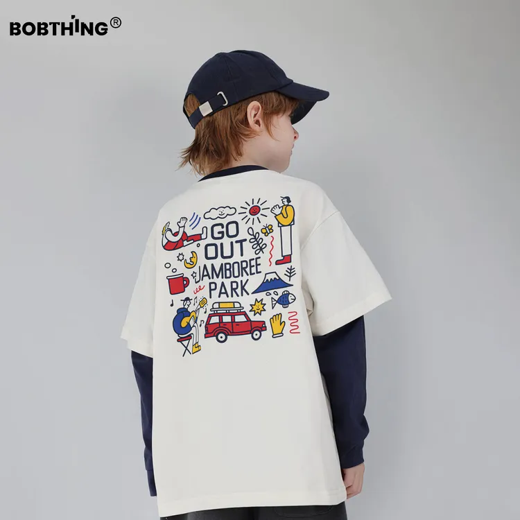 男童秋装卡通字母印花假两件T恤长袖上衣儿童春秋打底衫潮牌童装