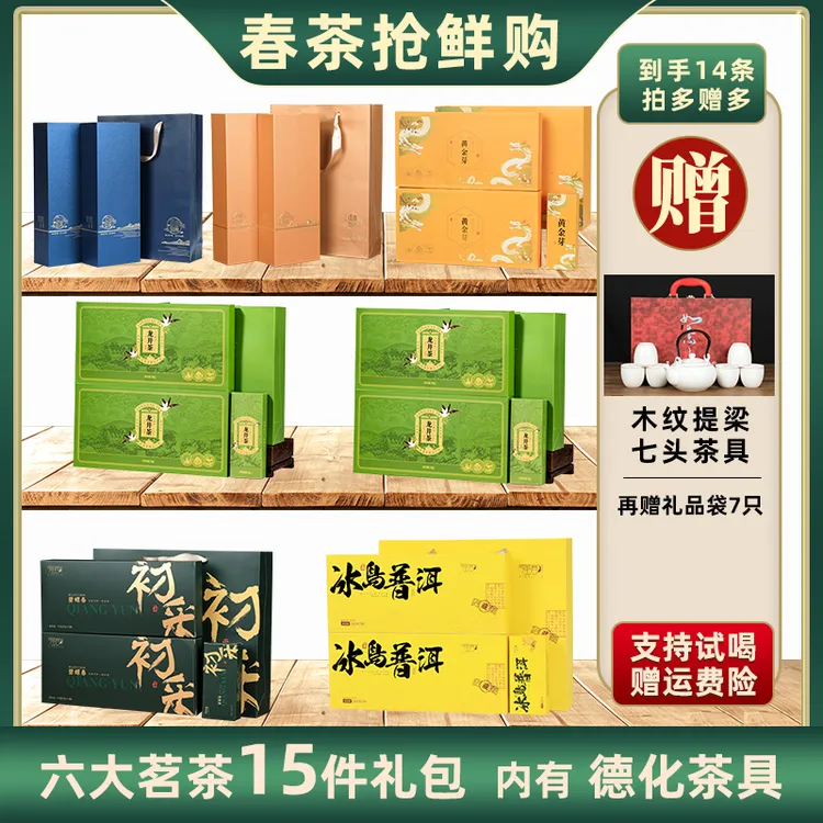 六大茗茶丨黄金芽+龙井+碧螺春+普洱+大红袍+肉桂到手14条+茶具