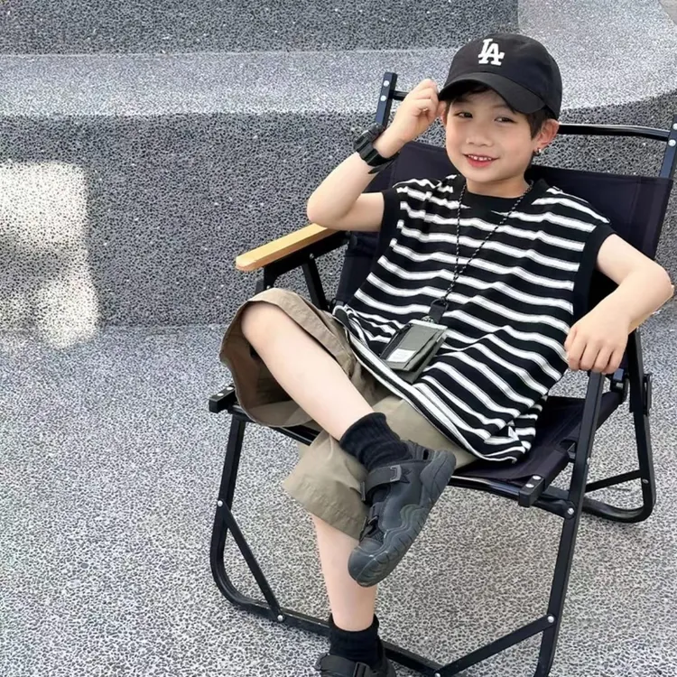 儿童背心套装男童背心2025夏季条纹无袖男童工装短裤中大童韩版潮