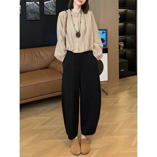 法式长袖衬衫套装女2025早秋新款高级感减龄小衫高腰哈伦裤两件套