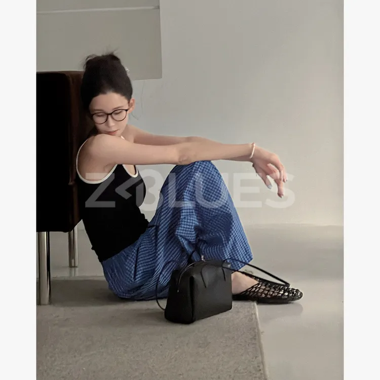 Z.blues【格纹裤】英伦蓝白棉质松紧格纹裤YZWZ8159