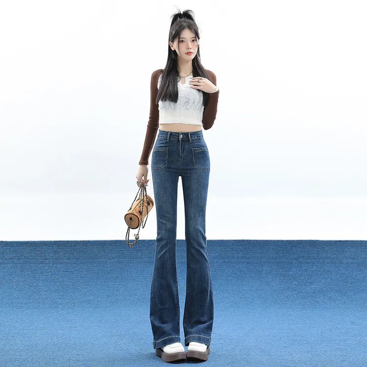韩版高腰显瘦微喇牛仔裤女2025春季新款弹力修身小个子马蹄喇叭裤