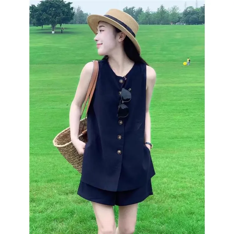 时尚休闲套装女夏季2025新款高级感小香风亚麻无袖背心短裤两件套