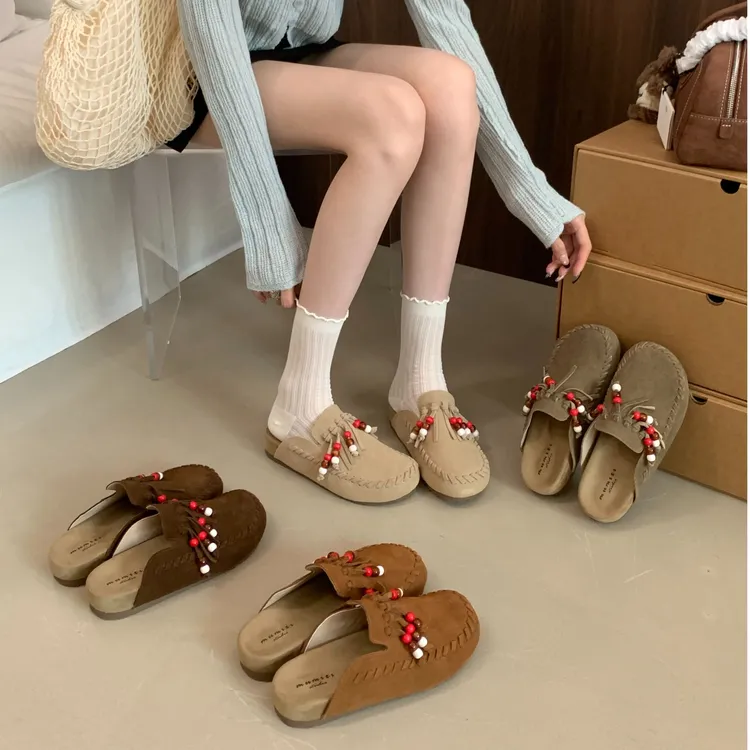 MMX-A869-3森系磨砂皮串珠包头勃肯半拖鞋女2025一脚蹬厚底穆勒鞋