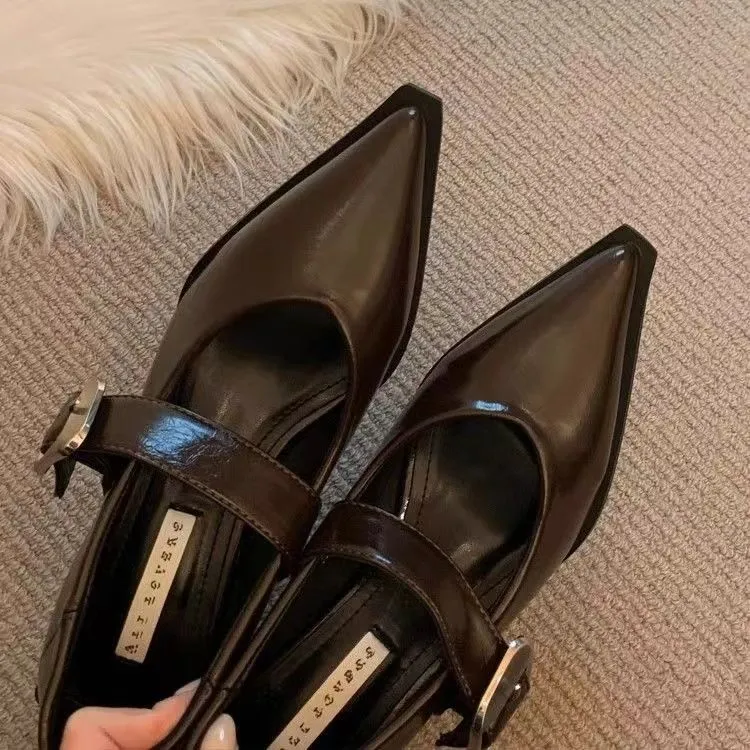 法式中高跟玛丽珍小皮鞋女鞋子2024新款春秋冬晚晚鞋黑色尖头单鞋