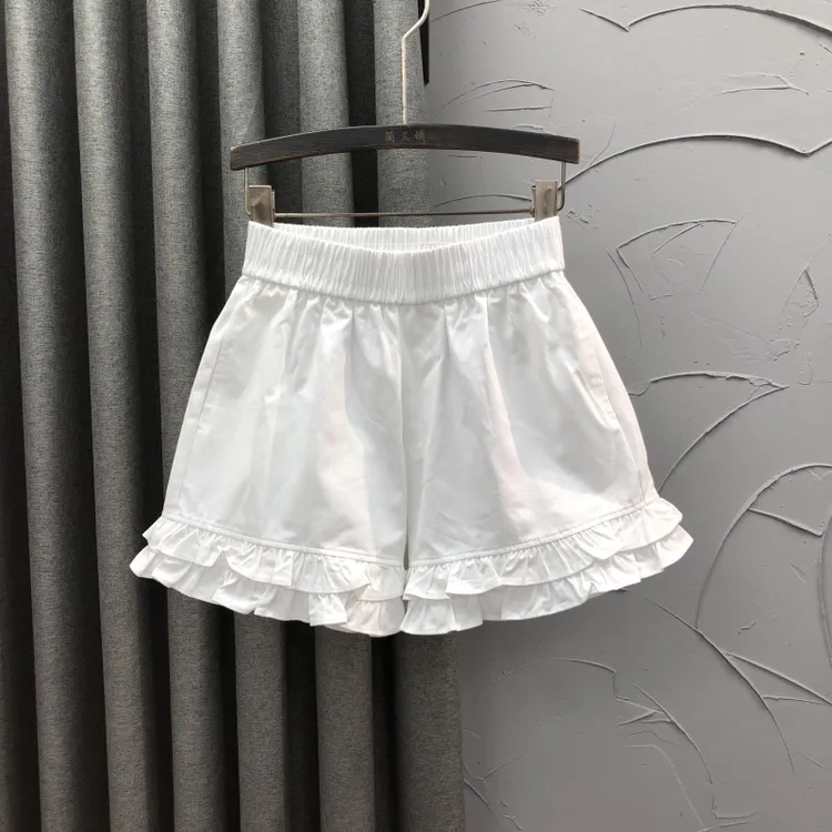 【纯棉】白色韩系甜美木耳边休闲裤子花苞短裤女装夏季A字阔腿热裤