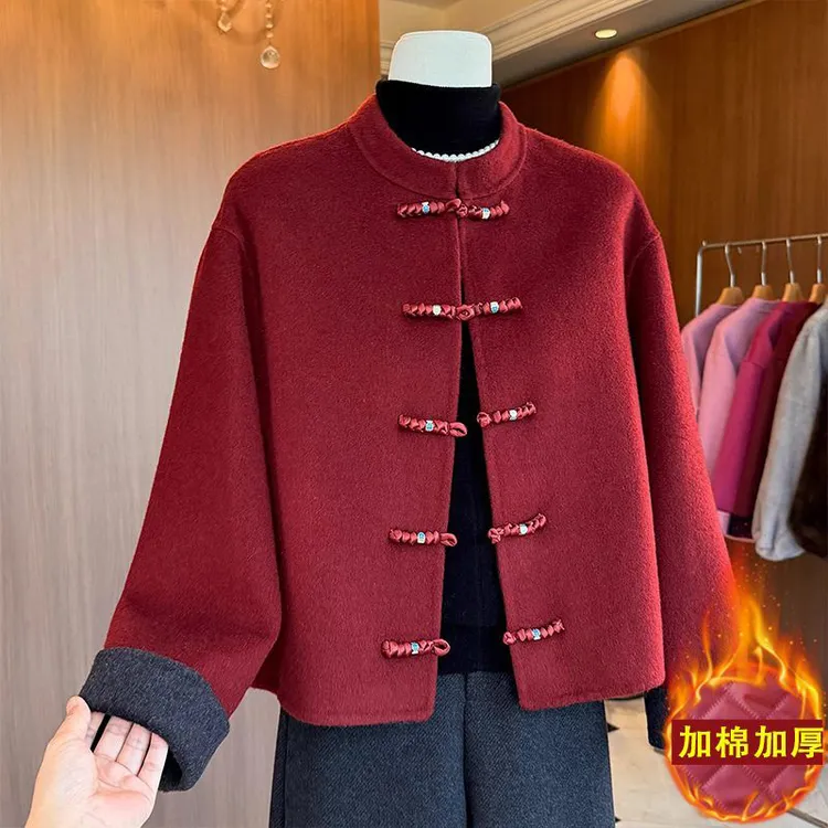 新中式妈妈装加棉厚毛呢外套冬季喜婆婆国风高级红色短款呢子大衣