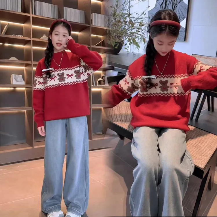 女童冬季套装儿童加绒圆领毛衣针织衫中大童韩版宽松牛仔阔腿裤12