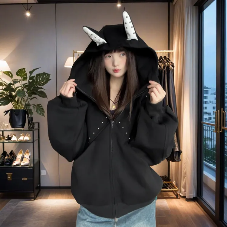 大码230斤胖mm美式高街铆钉杜宾犬耳朵连帽卫衣女秋冬甜酷风外套