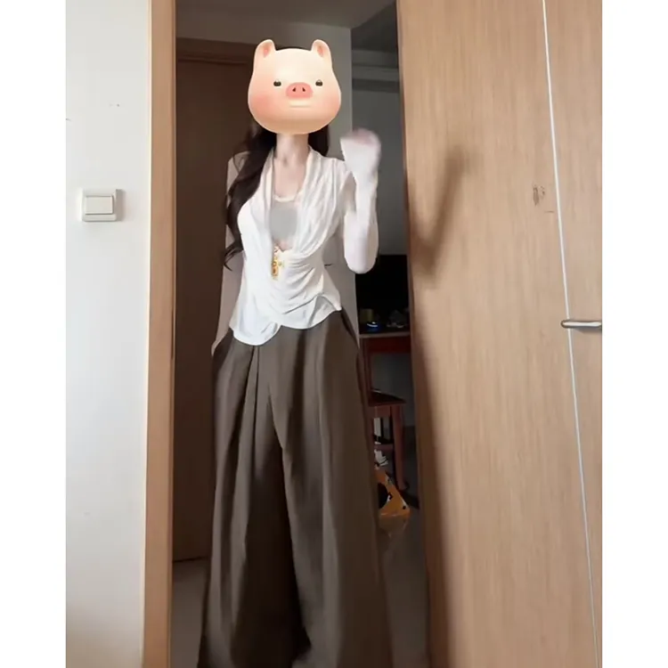 【B Y】慵懒性感辣妹时尚V领宽松温柔长袖上衣百搭修身休闲长裤套装