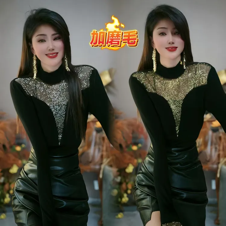 星红2560时尚半高领打底衫女秋冬新款气质减龄保暖洋气拼接上衣