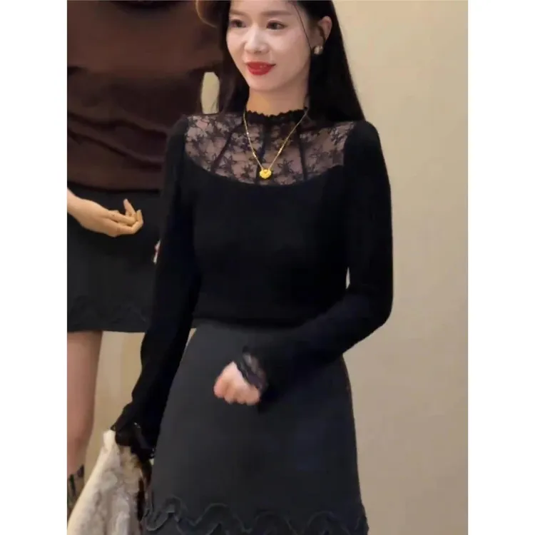 韩系高级感穿搭套装时尚蕾丝拼接长袖上衣高腰半身裙气质两件套女