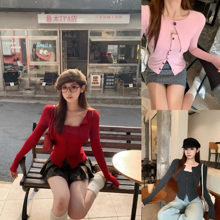 【6-8运补】纯欲风披肩假两件辣妹长袖冬新款修身显瘦上衣+白色圆领