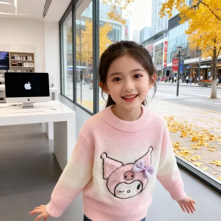 厚款圆领公主风2025冬装女孩子毛衣韩版卡通形象针织衫加绒秋冬