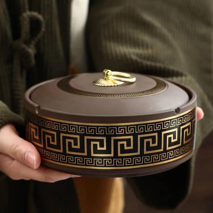 六晋中国印大号紫砂烟灰缸家用办公带盖防飞灰复古创意车载烟灰缸