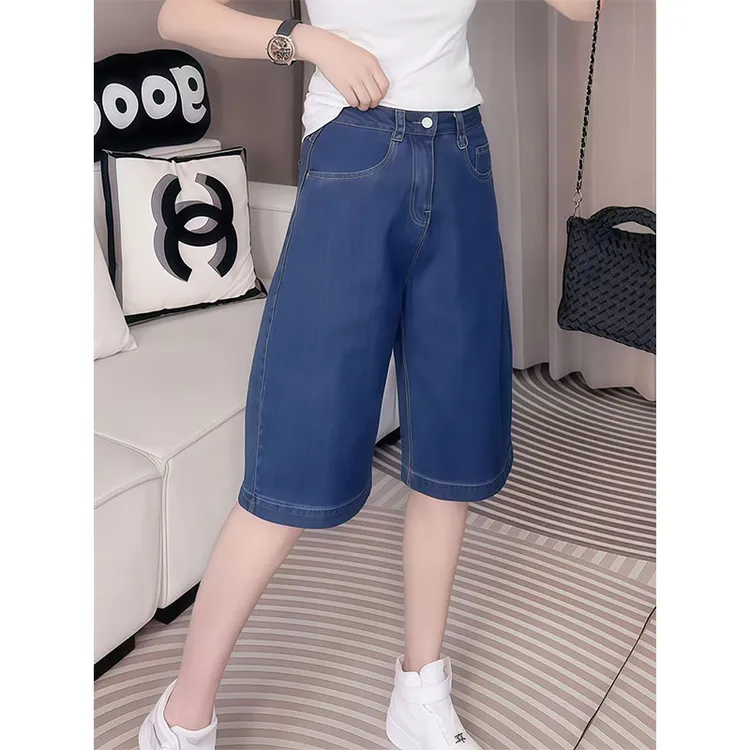 2025年新款百搭深蓝牛仔短裤女阔腿显瘦夏季薄款高腰小个子五分裤