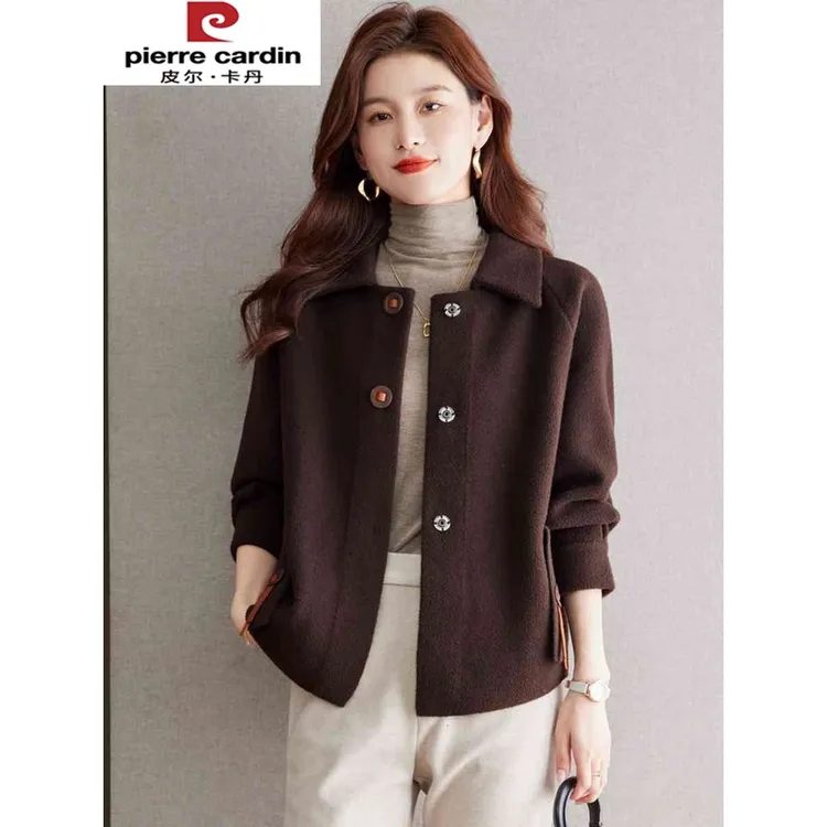 皮尔卡丹毛呢短外套女2025新款秋冬外穿休闲毛衣开衫翻领加厚羊毛