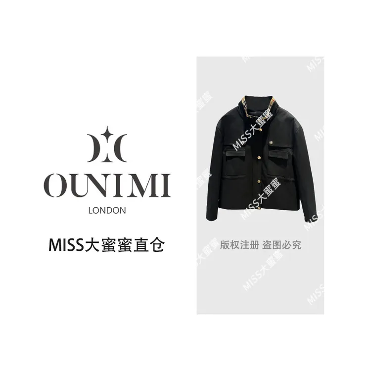 欧倪蜜 OUNIMI立领夹克格纹领口拼接多口袋设计时尚又实用2227