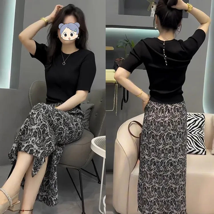 韩系针织衫半身裙两件套女2025夏季新款显瘦时尚印花设计漂亮套装