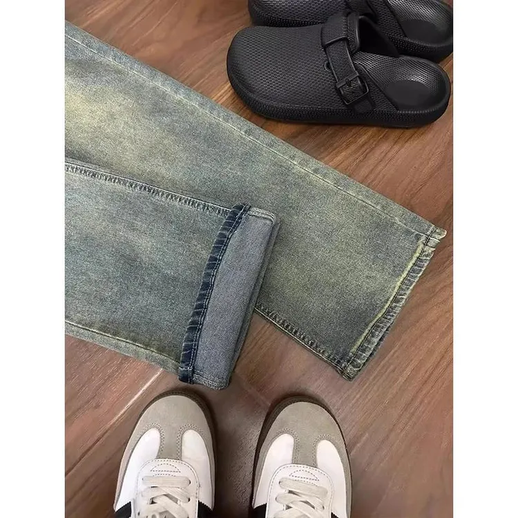 美式复古蓝牛仔裤男夏季cleanfit显瘦微喇裤子修身水洗vibe直筒裤