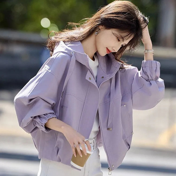 短款连帽通勤外套女2025年新款春秋款小个子宽松休闲夹克上衣