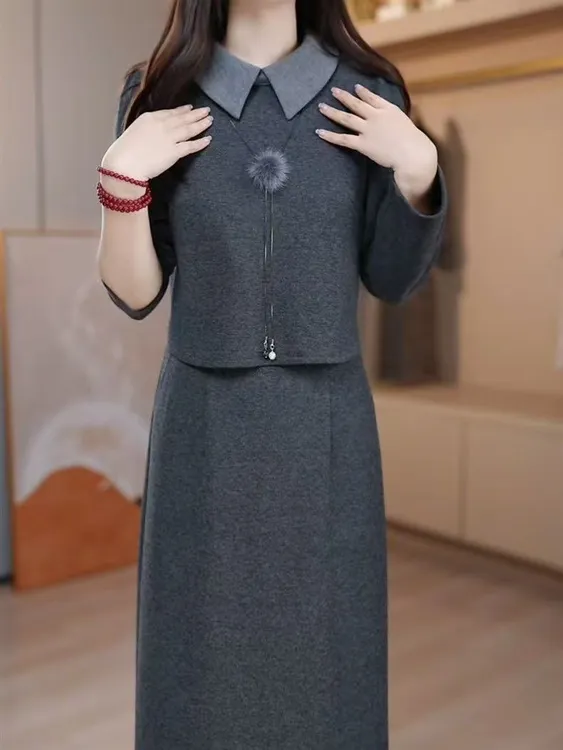 加厚磨毛软精纺面料连衣裙2025冬季新款洋气遮肉显瘦假两件礼服裙