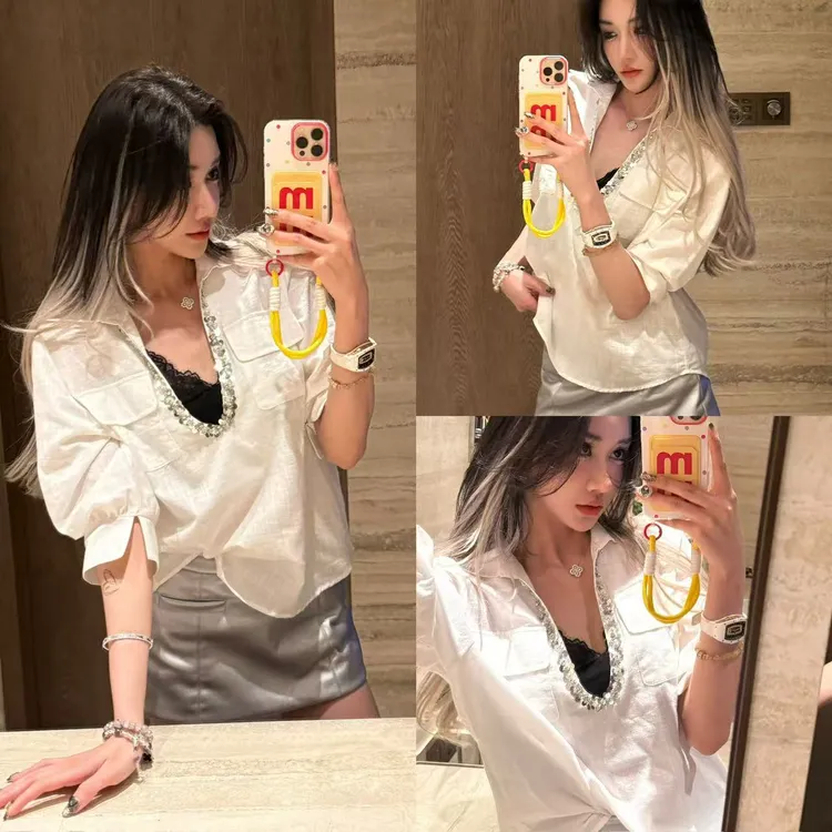 小众轻奢感V领亮片polo领衬衫宽松显瘦百搭休闲上衣