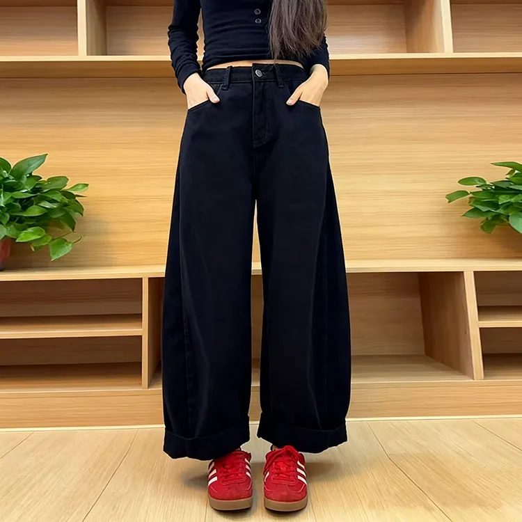 黑色阔腿牛仔裤女秋季新款大码梨形身材显瘦宽松慵懒感直筒九分裤