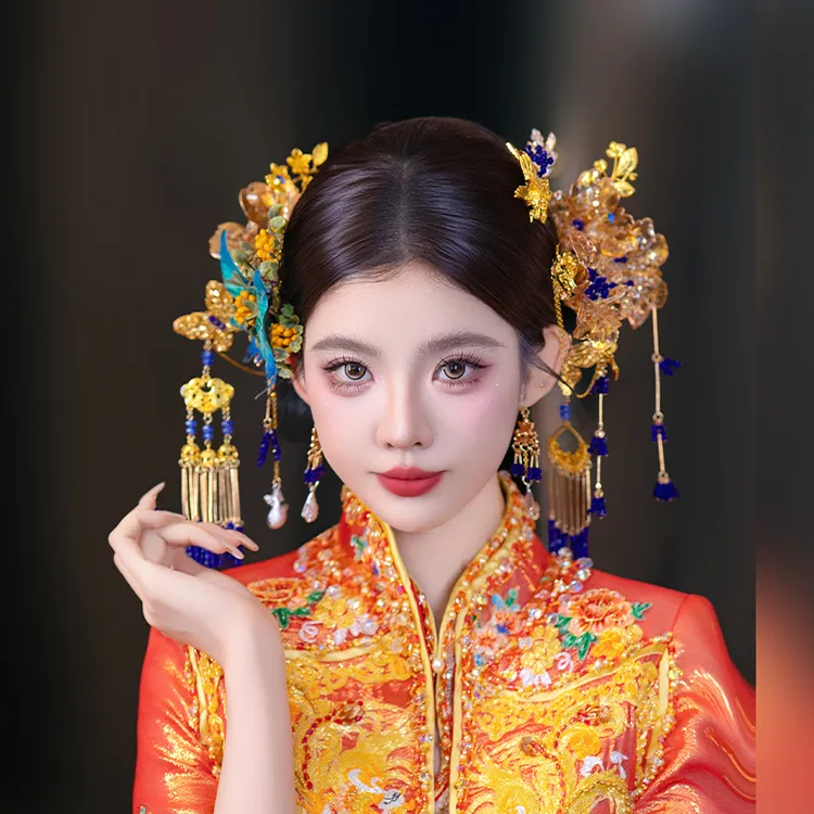 合金婚庆饰品 新娘秀禾服头饰奢华国风渐变蝴蝶奢华金蓝色D0620