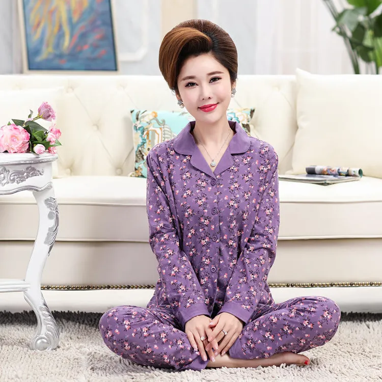 中老年妈妈睡衣女春秋夏季100%纯棉长袖大码夏装可外穿家居服套