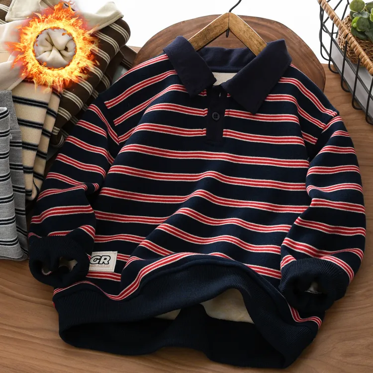 男童加绒POLO衫卫衣冬季2025新款中大童一体绒儿童装休闲条纹长袖