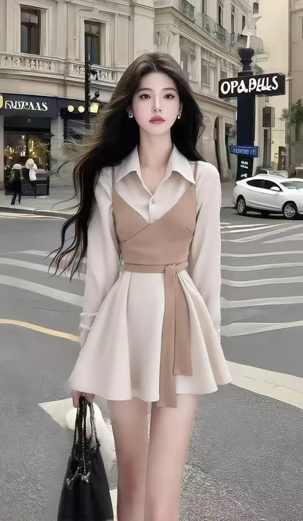 轻奢气质显瘦减龄休闲风拼接翻领长袖收腰小众设计氛围感连衣裙