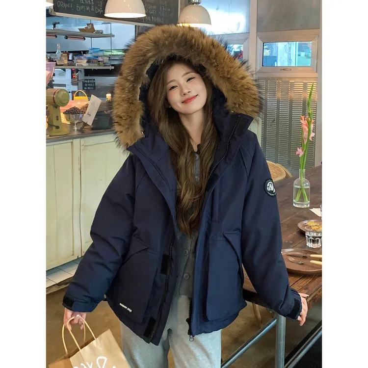 情侣派克服工装毛领加厚羽绒服女2025年冬新款休闲宽松保暖外套