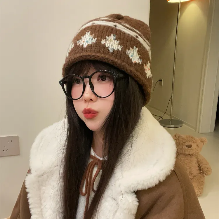 复古提花卷边费尔岛针织帽女秋冬保暖毛线帽冷帽显脸小护耳冷帽