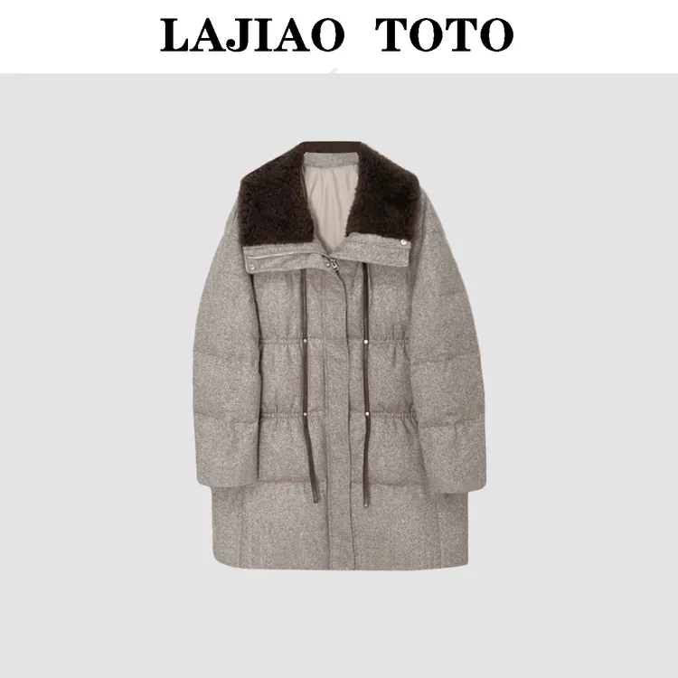 辣椒姐【冰山融雪】桑蚕丝+骆驼绒羊毛毛领女士90鹅绒服外套#8528