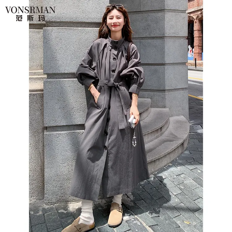 复古氛围立领压褶腰带风衣外套女2025春秋季新款显瘦气质长款外套