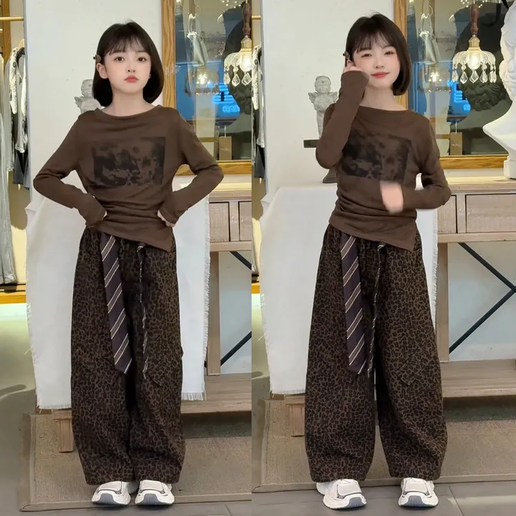 女童秋季新款潮流美式不规则打底衫酷飒飘带豹纹弯刀裤套装