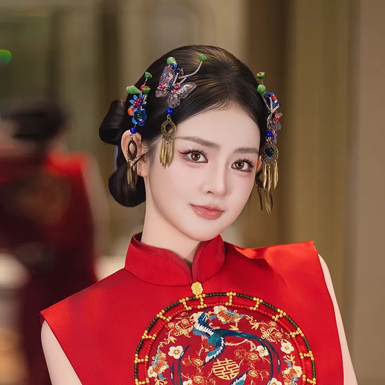 合金婚庆饰品 新中式新娘小众手工蓝绿蝴蝶莲藕结婚旗袍头饰D0657