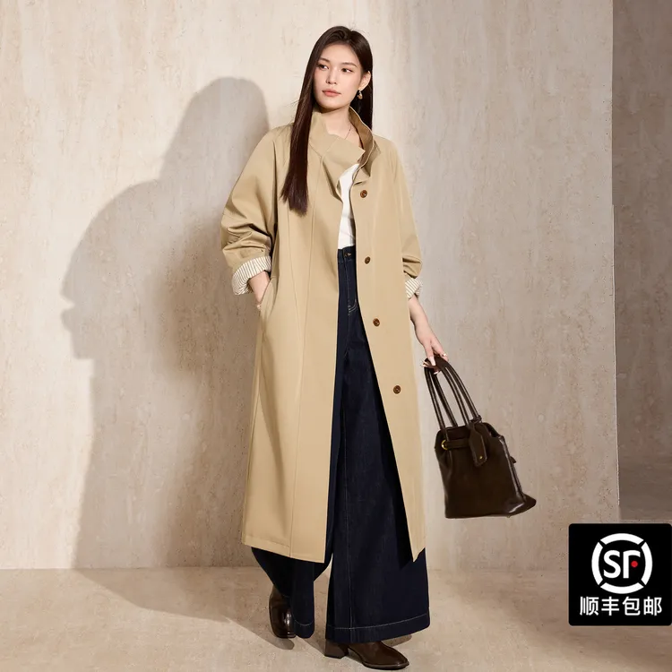 蓝语大码女装英伦设计感卡其色立领风衣外套宽松显瘦中长款大衣秋