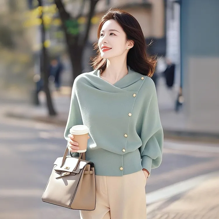 2025春装新款小众不撞款韩系设计感洋气独特别致绿色针织衫上衣女