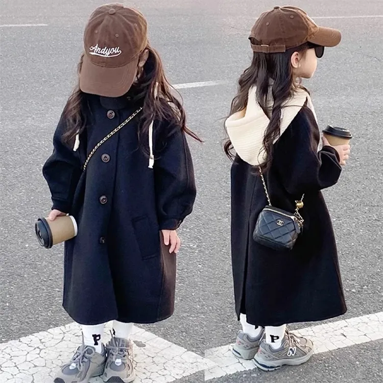 女童秋冬假两件连帽呢大衣2025新款洋气大童韩系穿搭加厚毛呢外套