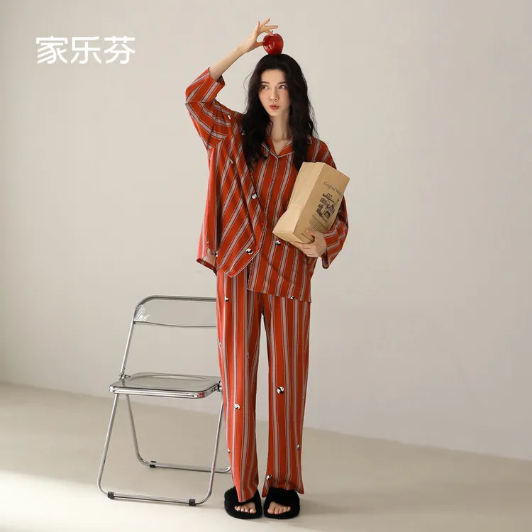 家乐芬红色睡衣女士春秋季纯棉长袖家居服熊猫条纹大码套装本命年
