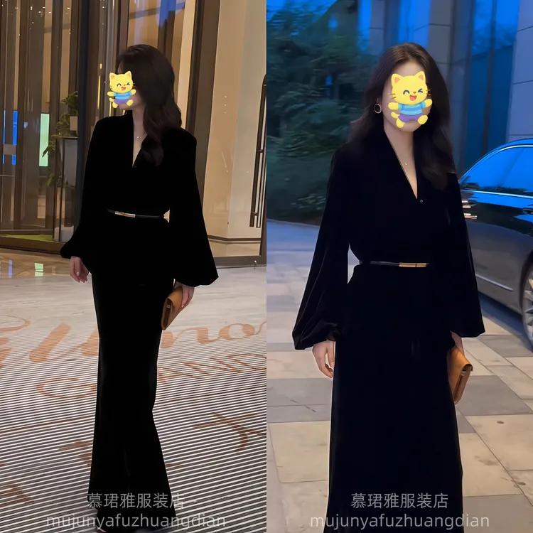 千金风黑色丝绒连衣裙套装收腰气场强大高级感轻奢两件套新款显瘦