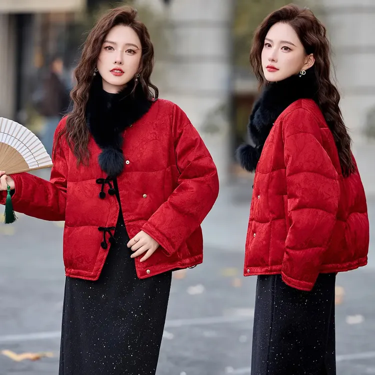 2025冬季新款中式国风提花新年圣诞红白鸭绒羽绒服气质保暖短外套