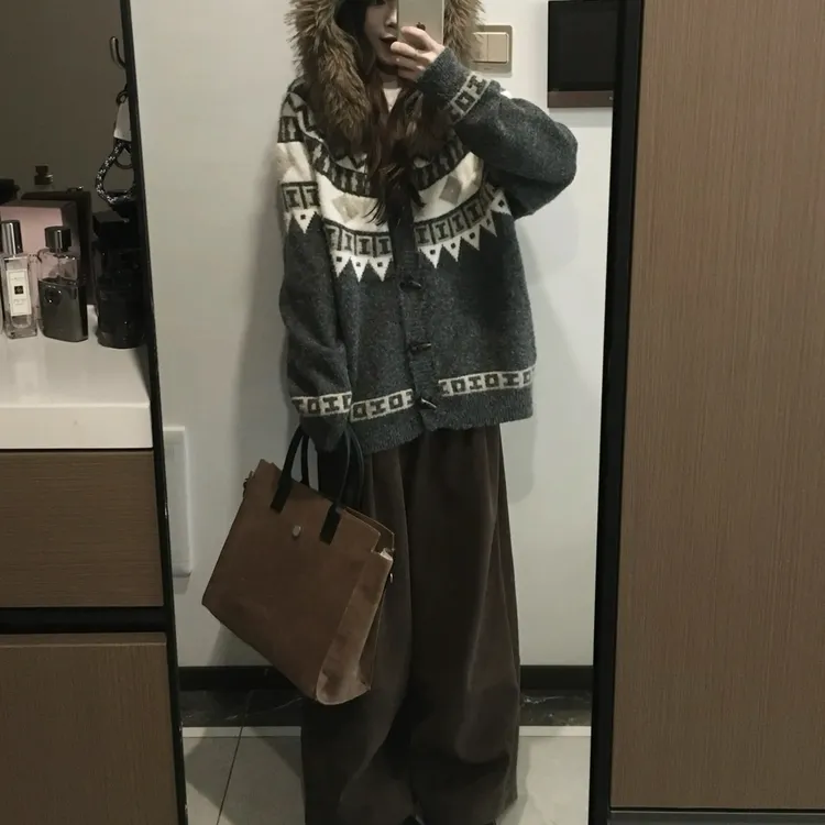 韩系复古费尔岛大毛领连帽针织开衫毛衣女秋冬宽松慵懒风外套上衣