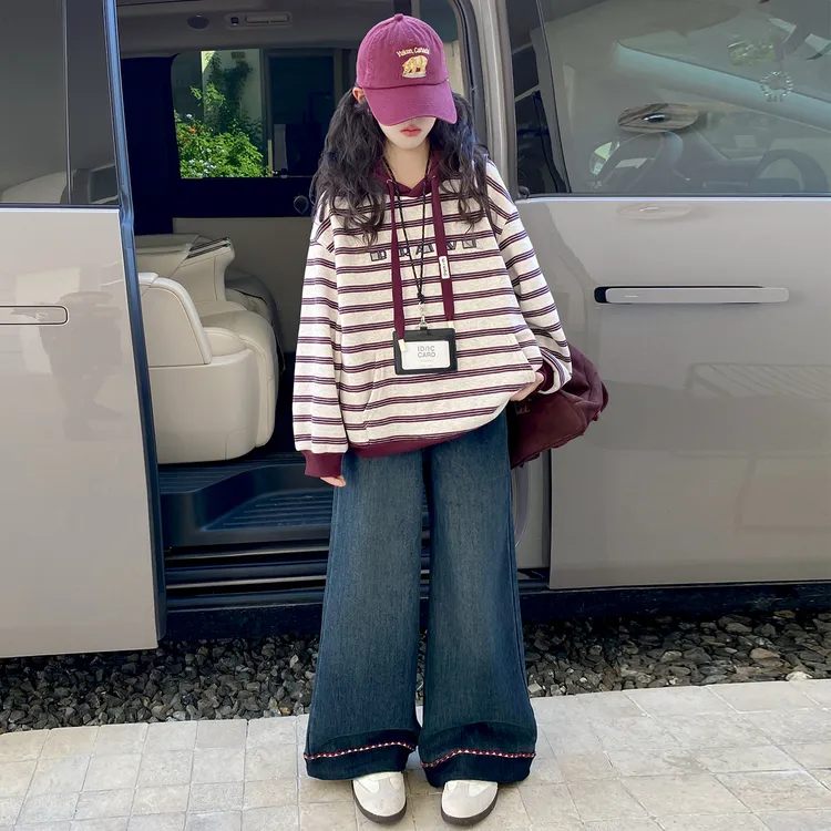 女童秋季加绒加厚卫衣套装新款儿童棉马甲百搭牛仔裤春秋装两件套