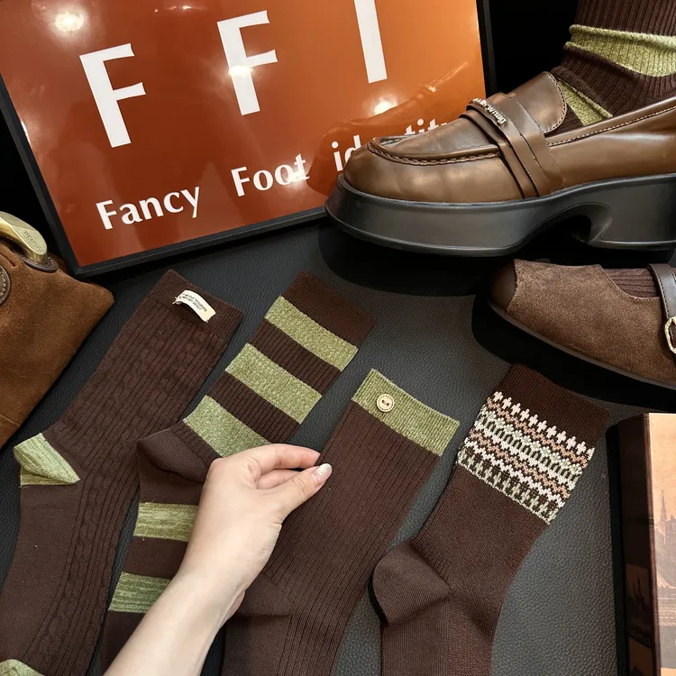 FFI(4双)秋冬美拉德咖绿撞色条纹复古民族风双针百搭勃肯鞋乐福鞋