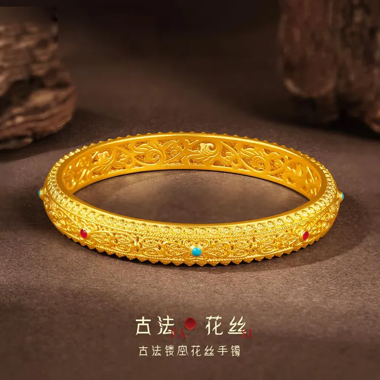 金手镯黄金手镯爆款国潮皇后手镯花丝珐琅纯金手镯结婚女生礼物